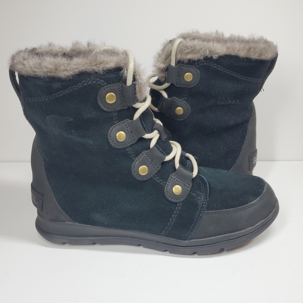 Sorel Women's Black Suede Faux Fur Winter Lace-Up Boots